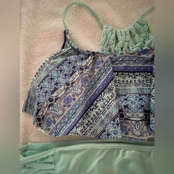 Girls medium turquoise southwest design ruffle flounce macrame Boho bikini - Picture 2 of 14